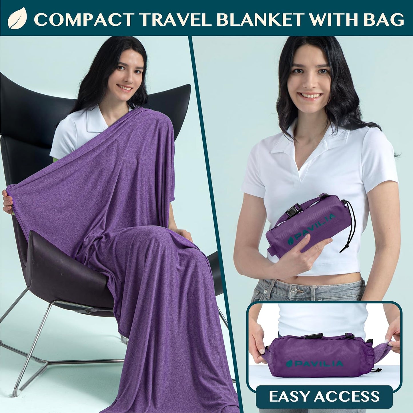 PAVILIA Travel Blanket Airplane Compact with Bag, Soft Packable Plane Blanket Kids Adults, Portable Camping Flight Essentials, Travelers Gifts Accessories, Luggage Backpack Strap, 65x40 Purple