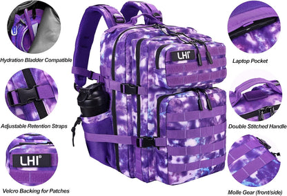 LHI Military Tactical Backpack for Men and Women 45L Army 3 Days Assault Pack Bag Large Rucksack with Molle System - Purple Camo
