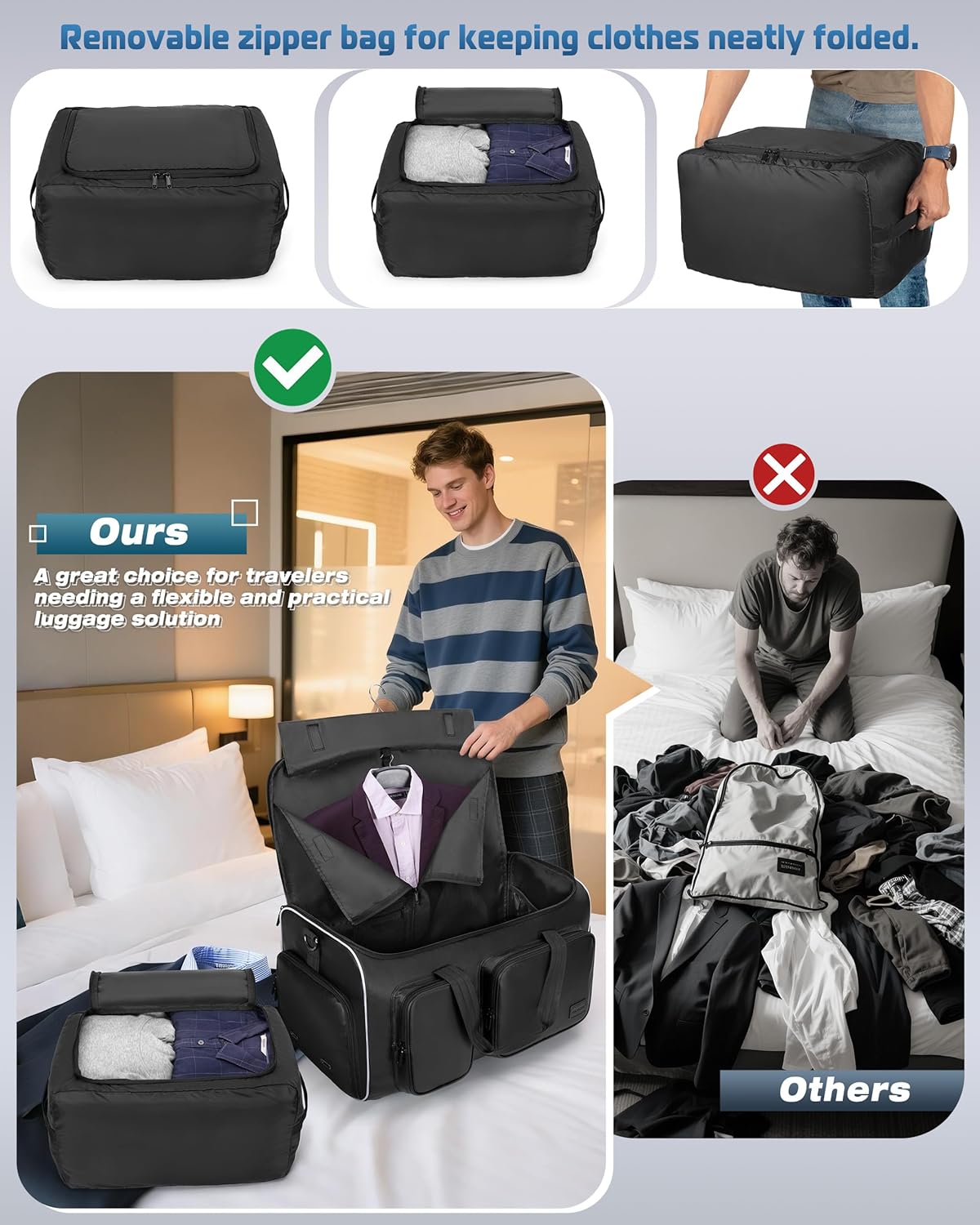 50L Convertible Garment Duffle Bag Backpack with Inner Removable Bag and Shoe Compartment, Travel Suit Bag for Business or Wedding Trips, Black