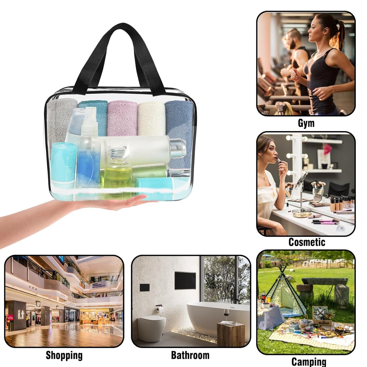 APREUTY Clear Makeup Bags, TSA Approved 3 Pcs Large Cosmetic Makeup Bags Set Clear PVC with Zipper Handle Portable Travel Luggage Pouch Airport Airline Vacation Organization (Black)