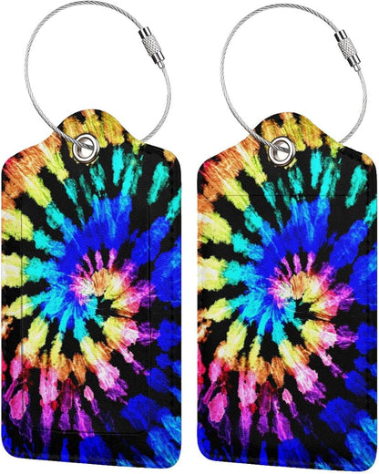 2pcs Tie Dye Luggage Tag for Suitcases Baggage, Colorful Rainbow Airport Crew Leahter Luggage Tag with Stainless Steel Loop and Full Back Privacy Cover for Travel Sports Girls Teens Adults