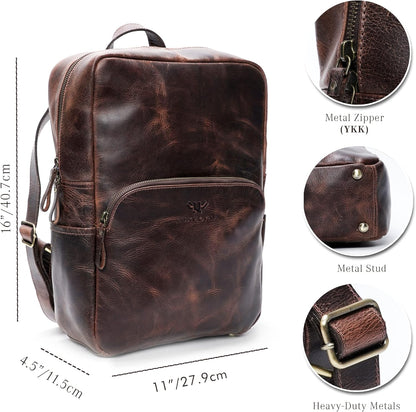 Handmade Leather Backpack for Men and Women, 15.6 Inch Laptop Bag, Genuine Leather Retro Style Casual Daypack, For Colleges & Office, Travel or Hiking- Vintage Brown