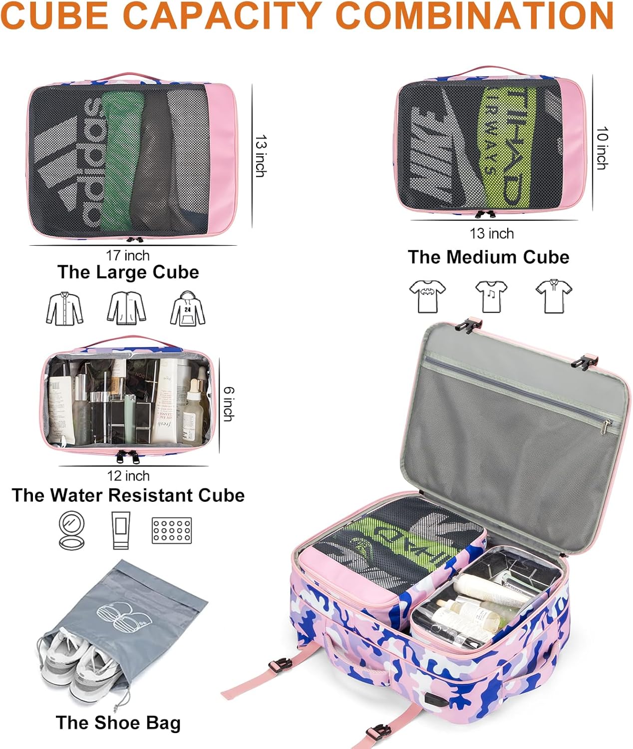 Travel Backpack 42L Carry on Backpack Flight Approved Expandable Travel Backpack Carry on Backpack Luggage Daypack (Pink Camouflage)