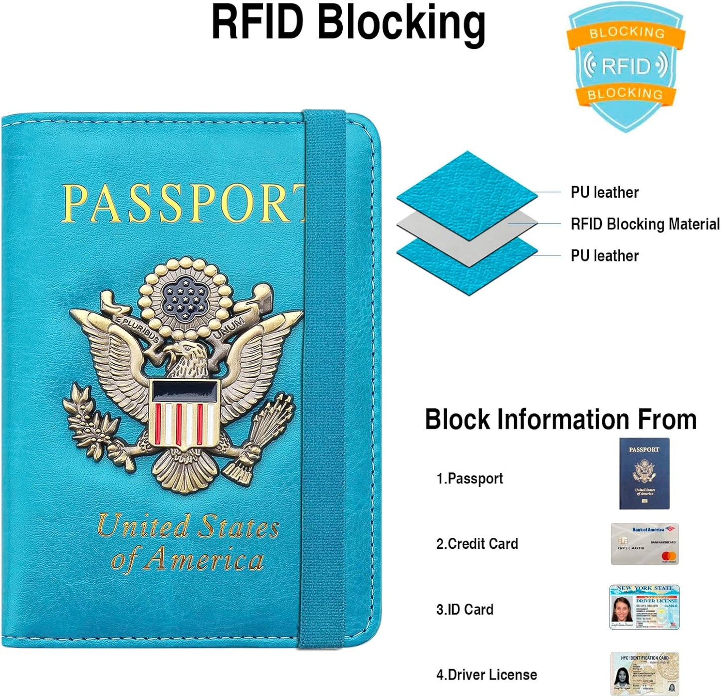 Passport Holder for Travel Passport Cover for Men Passport Wallet Case With 3D Metal Badge Protector Leather Card Case RFID Blocking Women Travel Accessories Document Organizer (Sky Blue)