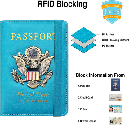 Passport Holder for Travel Passport Cover for Men Passport Wallet Case With 3D Metal Badge Protector Leather Card Case RFID Blocking Women Travel Accessories Document Organizer (Sky Blue)
