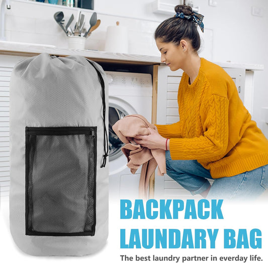 Laundry Bag Backpack, Extra Large Travel Laundry Bag with Mesh Pocket & Adjustable Shoulder Straps,Dirty Clothes Travel Bag for College Students Dorm,Apartment(Light Gray)