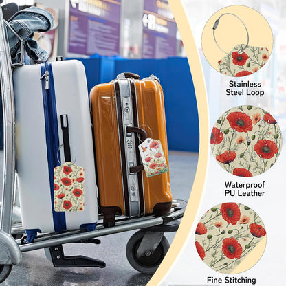 3 PCS Red Poppy Flower Luggage Tags,Suitcase Tags Privacy Cover ID Label with Stainless Steel Loop and Address Card for Travel Bag Suitcase