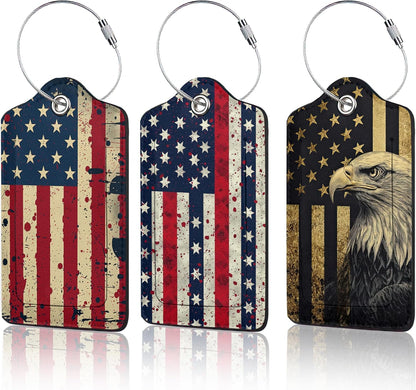 3 Pack PU Retro American Flag Leahter Luggage Tag with Stainless Steel Loop,Travel Suitcase Labels with Privacy Cover ID Label Quickly Spot for Bags