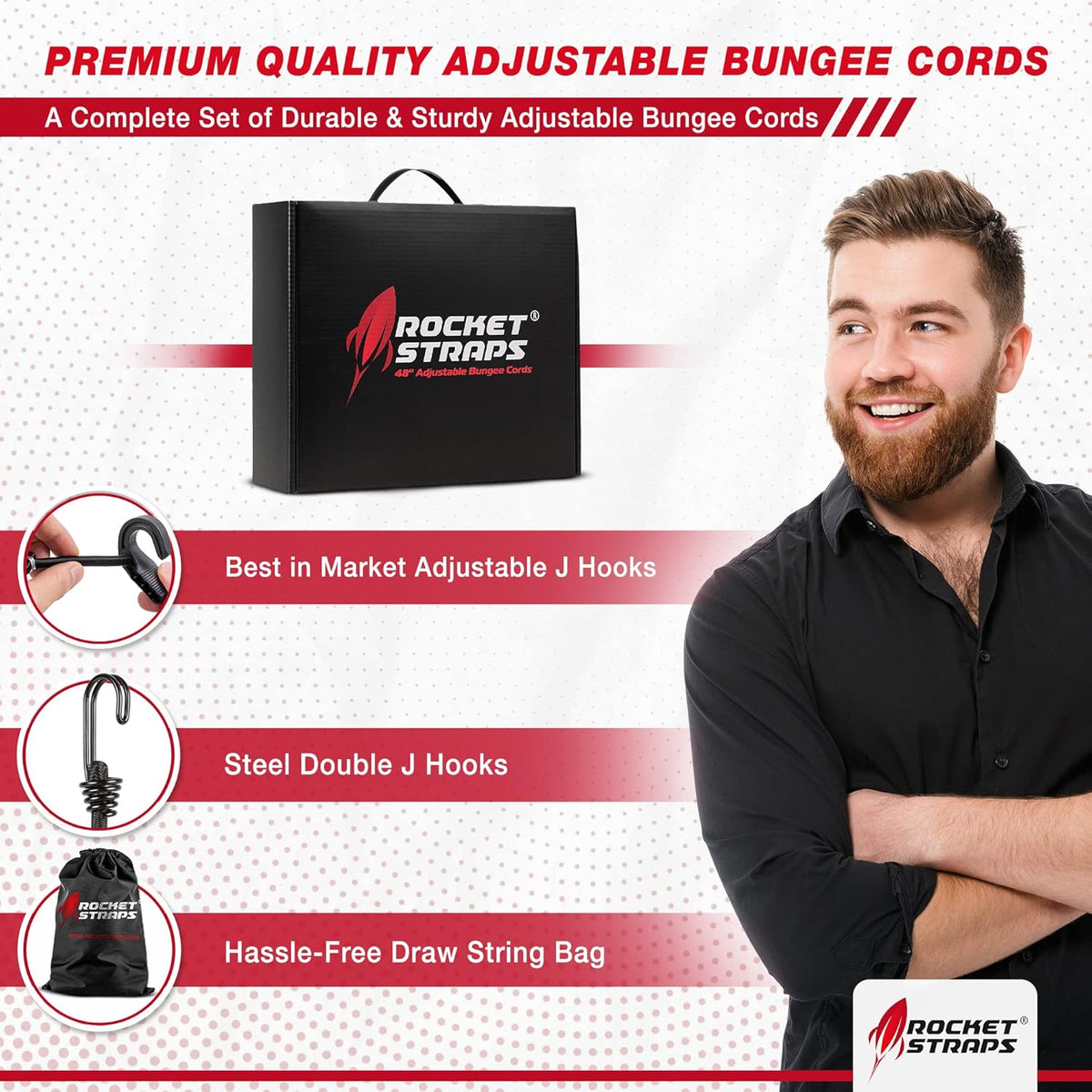 Rocket Straps - Ultimate Adjustable Outdoor Bungee Cord Assortment - Heavy Duty Set of 20 Bungee Cords (48") Double-J Hooks - Elastic Straps for Camping, Securing, and DIY Multipurpose