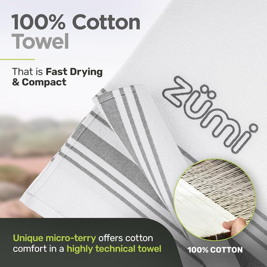 Zumi 100% Cotton Quick Dry Large Travel Towel - Soft, Thin, Compact, Highly Absorbent, Lightweight Camping Towel for Beach, Gym, Bath, Shower, Swimming, Dorm, RV - White