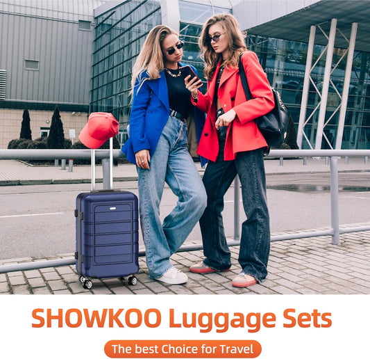 SHOWKOO Luggage Sets Expandable PC+ABS Durable Suitcase Double Wheels TSA Lock Blue