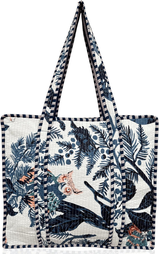 Cotton Quilted Tote Bag for Women – Large Beach & Travel Tote with Zipper, Reusable Grocery Bag