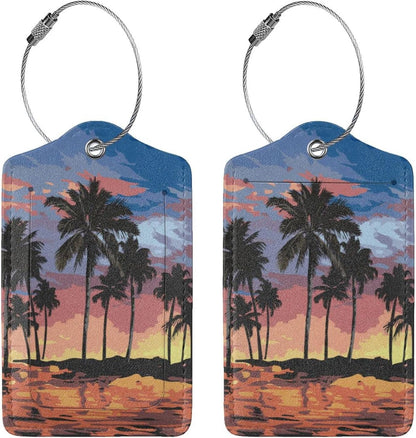 2Pcs Summer Palm Tree Luggage Tags, Beach Landscape Name ID Identifier Labels for Suitcase Baggage Travel Bag, Aesthetic Leather Bag Tags with Loop