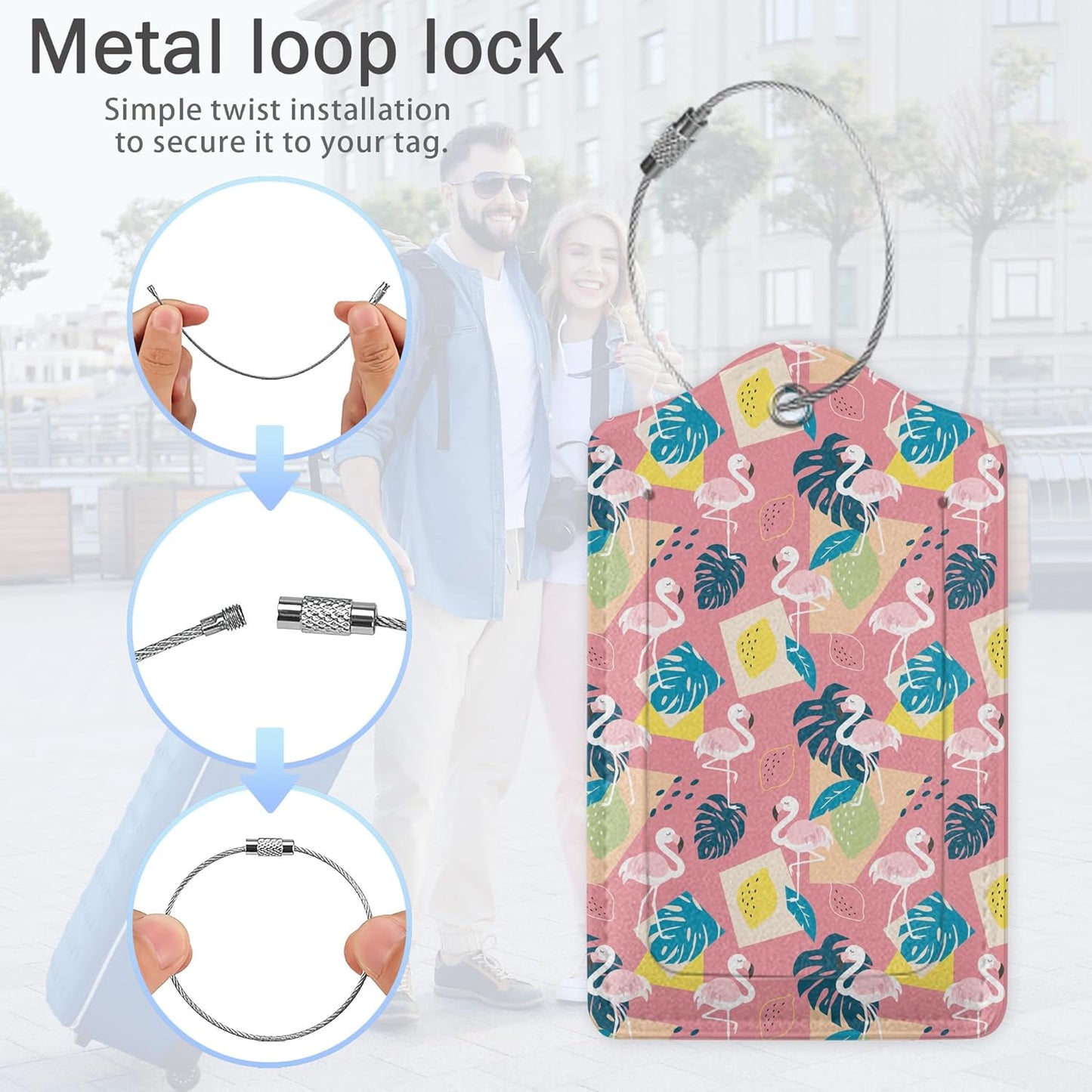 Pink Flamingo Luggage Tags,2 Pack Tropical Palm Leaves Luggage Tag,Leather Privacy Cover ID Label with Stainless Steel Loop for Women Men Kids Girls Travel