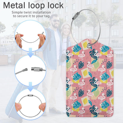Pink Flamingo Luggage Tags,2 Pack Tropical Palm Leaves Luggage Tag,Leather Privacy Cover ID Label with Stainless Steel Loop for Women Men Kids Girls Travel