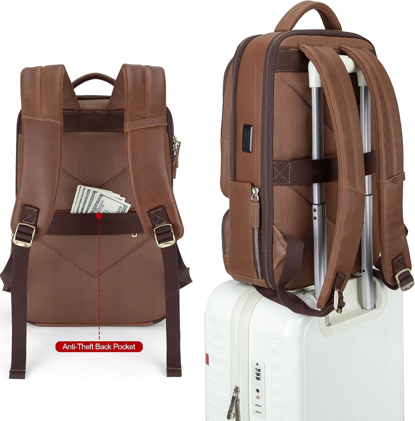 Tzowla Leather Laptop Backpack, Bag for Men and Women,Business Travel Work Rucksack Fits 15.6 Inch Laptop, Bookbag with USB and Type-C Charging Port-Brown