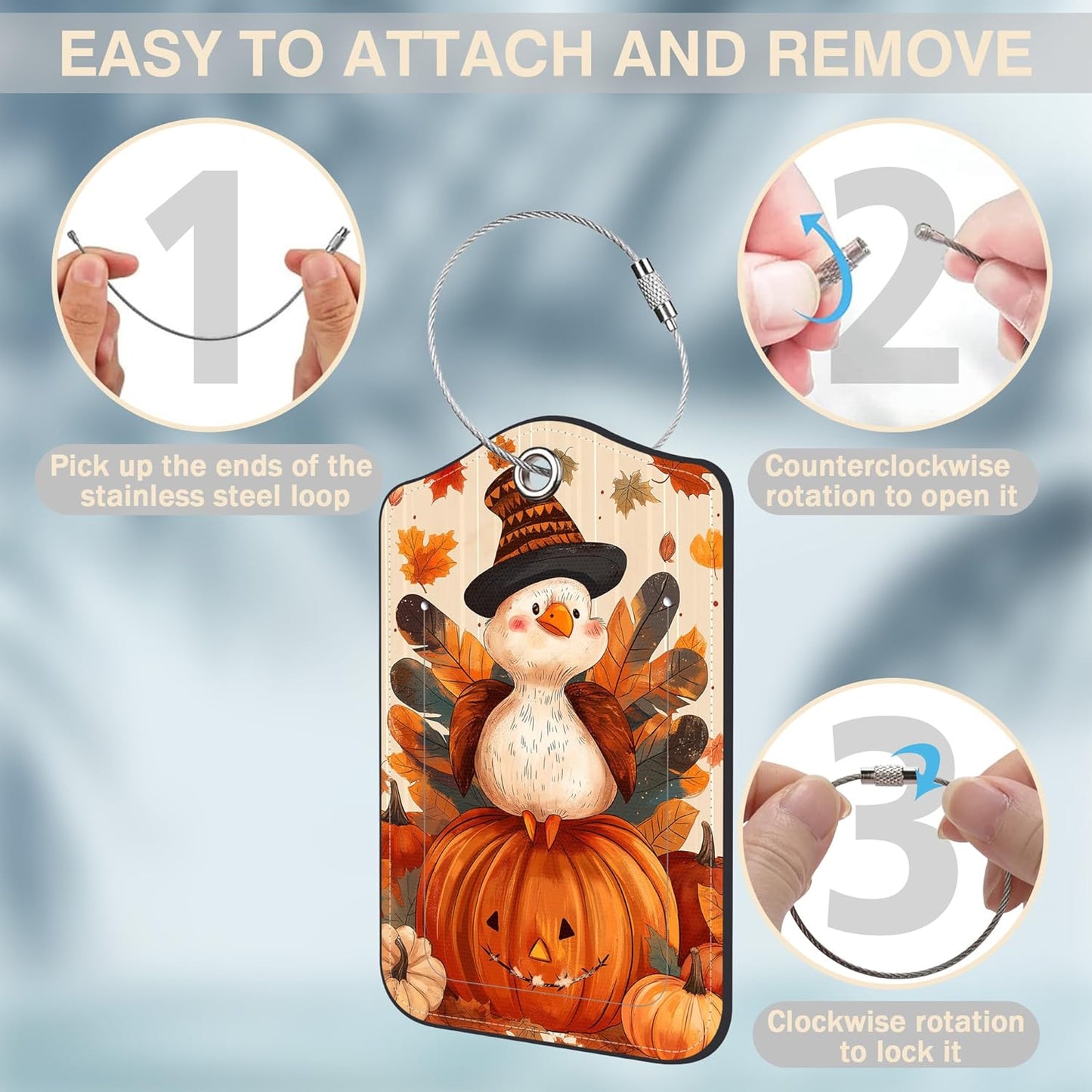 2 Pcs Cartoon Turkey and Pumpkin Luggage Tags for Suitcases Autumn PU Leather Baggage Tags Name ID Label with Privacy Cover and Stainless Steel Loop for Men Women Travel Bag Suitcase