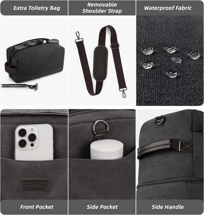 ZOMFELT Travel Duffle Bag for Men, Waterproof Canvas Overnight Duffel Bag with Removable Dividers & Shoe Compartment, Carry On Weekender Gym bag, Multi-Pocket & Vintage Design (Washed Black)