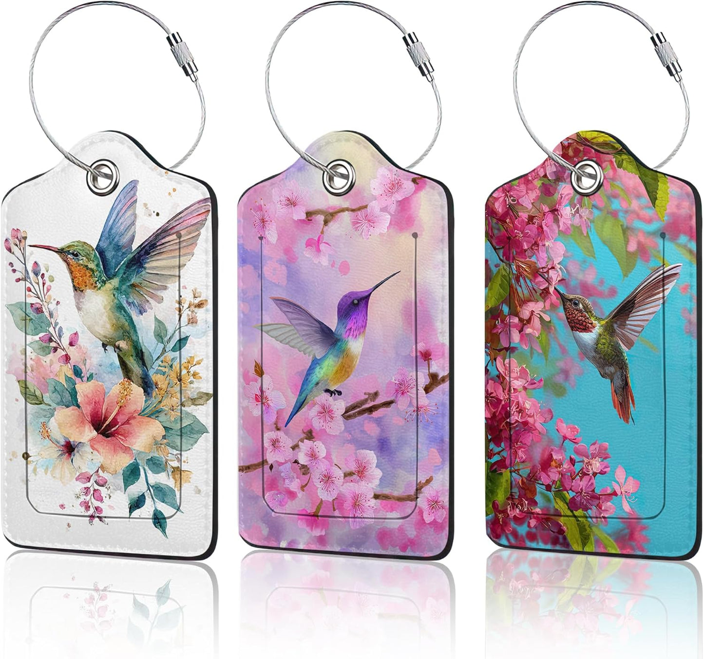 Hummingbird Flowers 3 Pack Luggage Tags for Suitcases, Cute Leather Name Tag with Privacy Cover with Stainless Steel Loops, Travel ID Bag Tags for Women Men