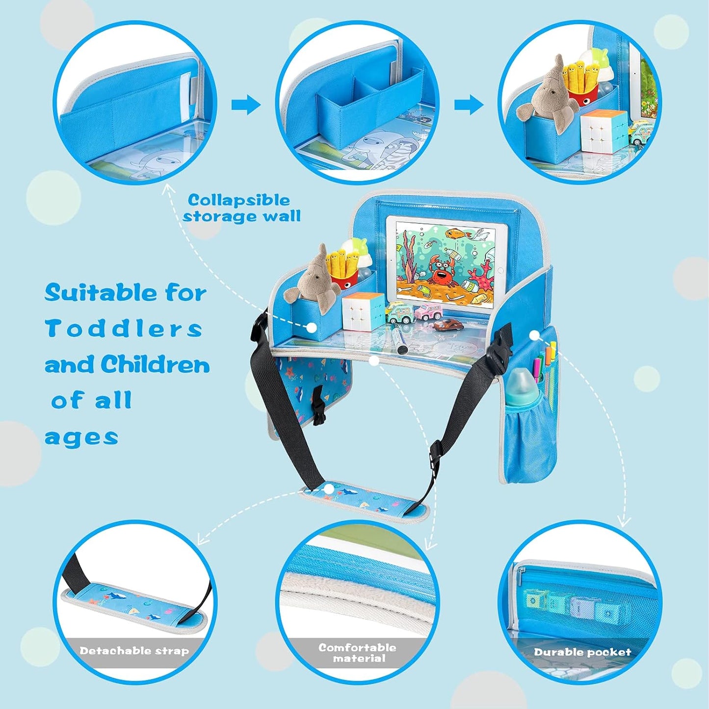 MENZOKE Kids Travel Tray, Car Seat Tray for Kids Travel, Toddler Essentials Girls with Tablet Holder, Road Trip Essentials with Cooler Cup Holder, Dry Erase Board & Storage Pocket for Airplane, Blue