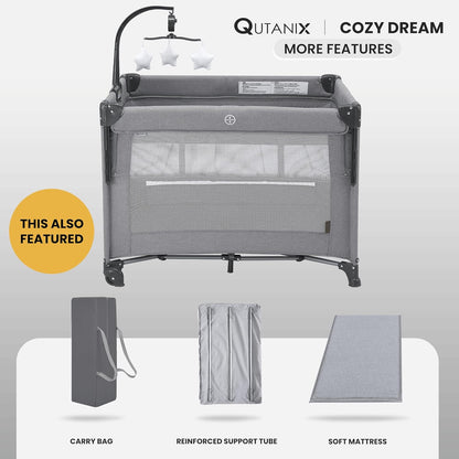 2-in-1 Baby Playard, Pack and Play Bassinet, Easy Folding Portable Crib with Music Mobile for Newborn to Toddlers (Grey)