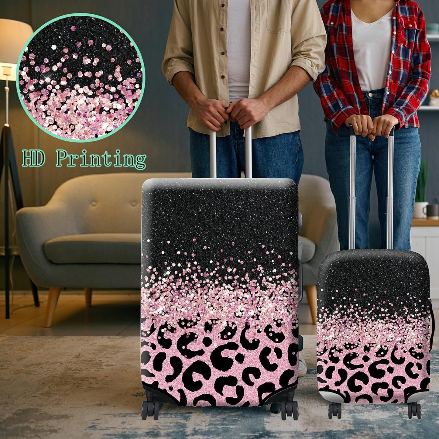 Luggage Cover + Tag, Pink Leopards Travel Suitcase Cover for 18-20 inch Luggage (S) with Concealed Zipper, Washable Elastic Cloth, Dustproof, Anti-Scratch