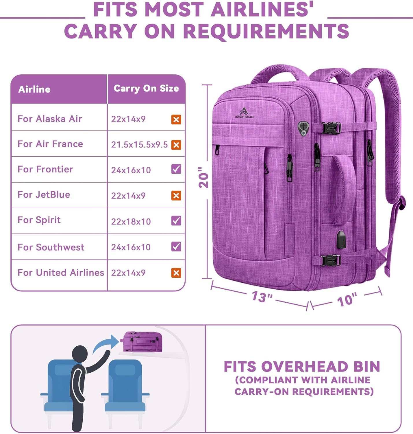 50L Carry On Backpack, Extra Large Laptop Backpack, Travel Backpack for Women, Expandable Water Resistant Big Bag Anti-Theft Business Daypack Fit 17 Inch Laptop with USB Port,Purple