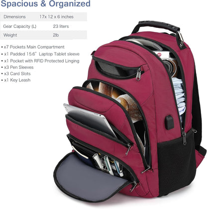 Boavan Laptop Backpack for men, 15.6 inch Laptop Bag with USB Port, Waterproof Travel Work Backpack Purse, Anti-Theft Teacher Nurse Doctor Casual Bookbags Office Business backpack，Russet Red