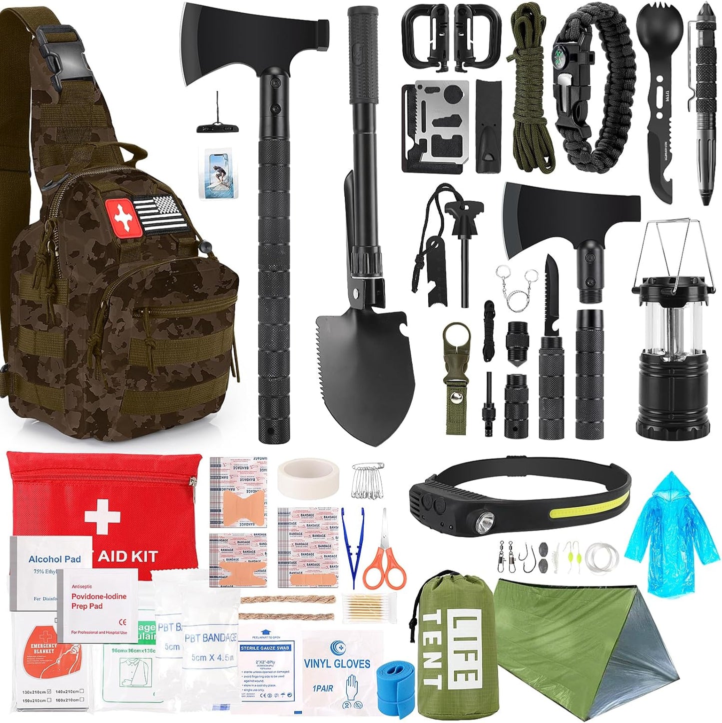 Survival Kit, 268 Pcs Emergency Survival Gear and Equipment Supplies with First Aid Kit, Camping Axe, Headlamp, Tent, Crossbody Bag for Camping Hiking, Hunting, Car, Gift for Christmas Men, Dads, Him