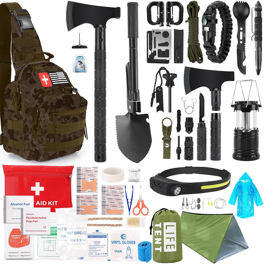Survival Kit, 268 Pcs Emergency Survival Gear and Equipment Supplies with First Aid Kit, Camping Axe, Headlamp, Tent, Crossbody Bag for Camping Hiking, Hunting, Car, Gift for Christmas Men, Dads, Him