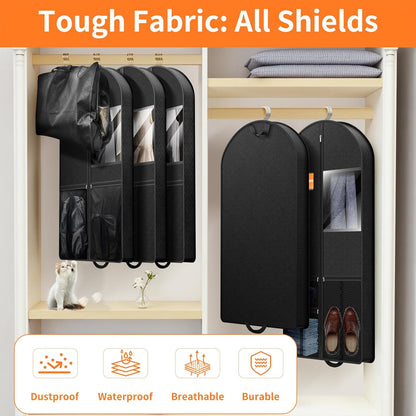 Suit Garment Clothes Travel Bag: 43 inch Lightweight Foldable Black Short Fabric Breathable - Hanging Storage Cover Pockets Zipper for Men - Wardrobe Carry Coat Jacket Uniform Tuxedo Shirt