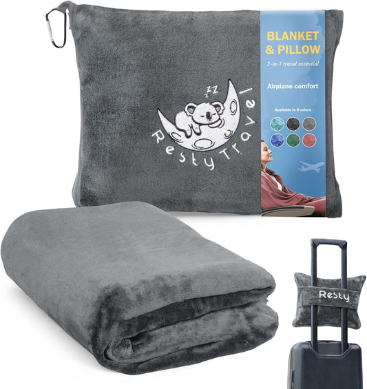 Resty 65"x40" Traveling Airplane Blanket, Deep Gray – Lightweight, Velvety Soft Blanket That Becomes a Travel Pillow – Must-Have Comfort for Planes & Road Trips – Travel Essentials for Women & Men