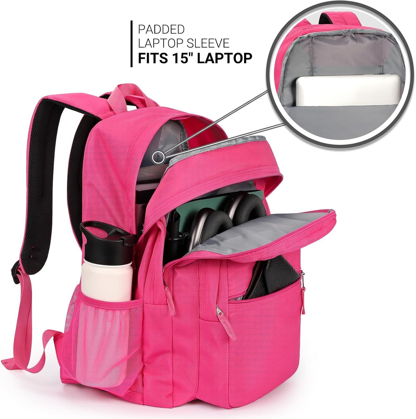 ZORFIN 26L Backpack for College, and Travel: Water Resistant Bookbag - Hotpink