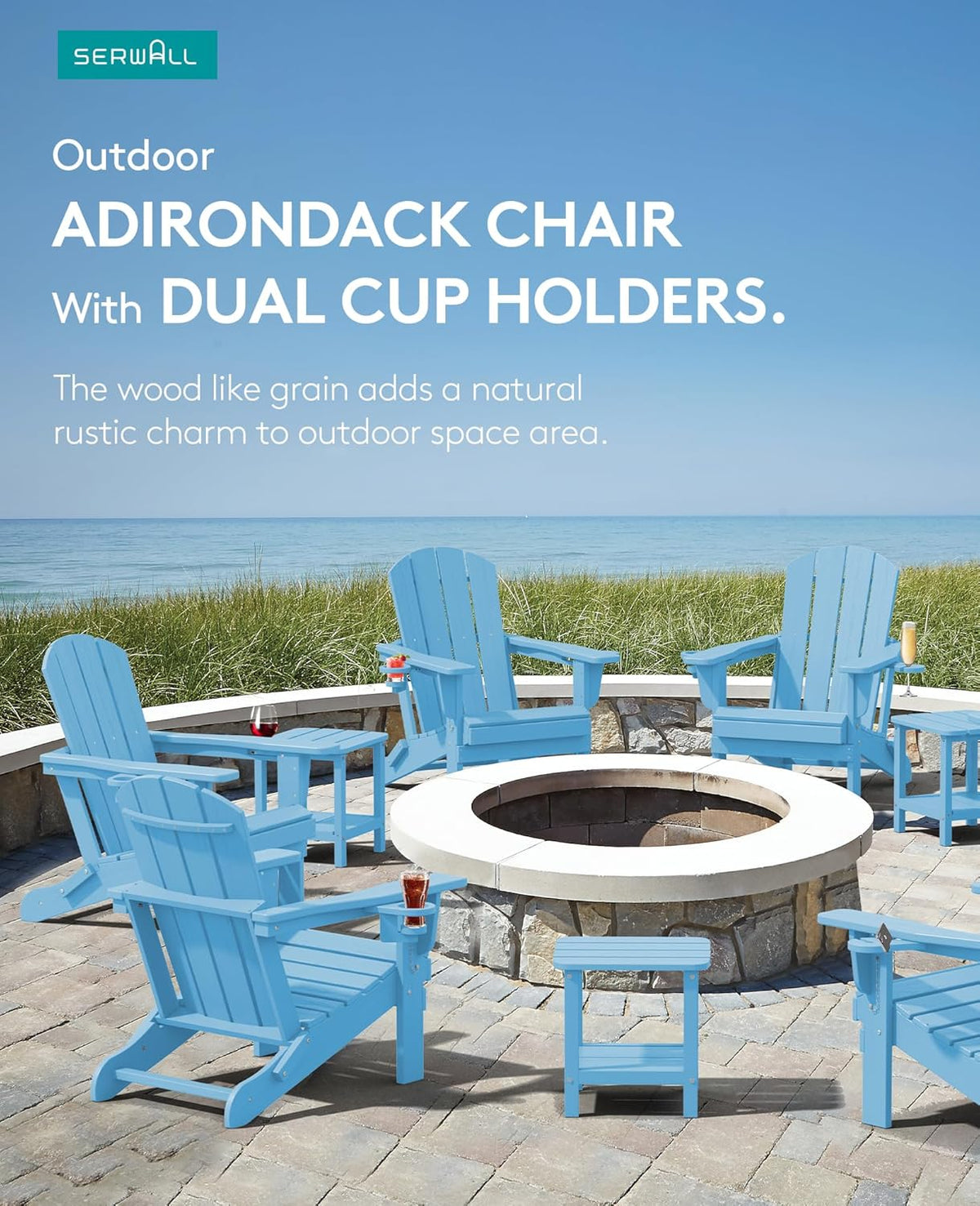 SERWALL Adirondack Chair with Cup Holders - Composite Adirondack Chairs Set of 6 HDPE Outdoor Chairs All Weather Use- Light Blue