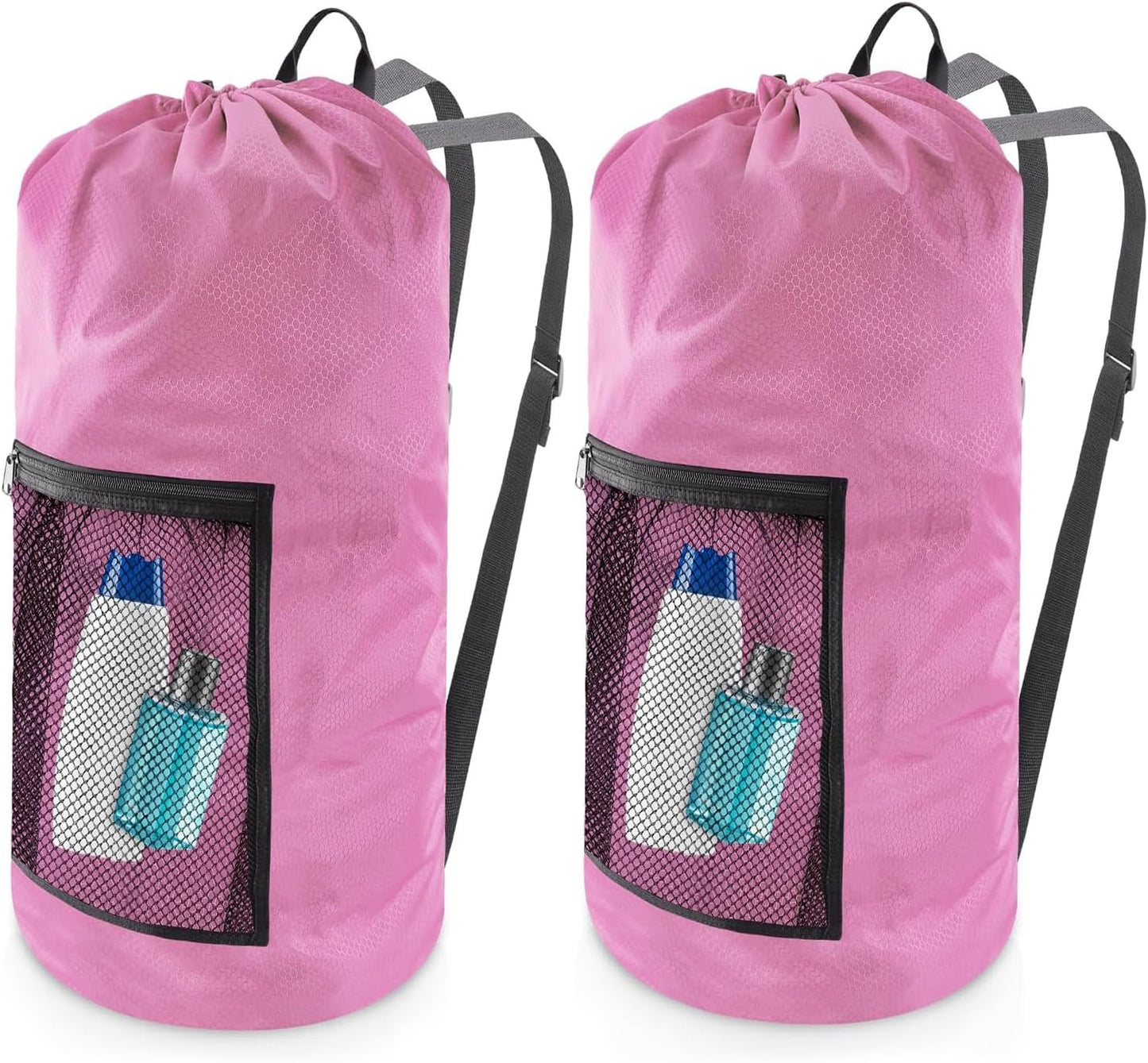 Laundry Bag Backpack,Olosar 2PCS Extra Large Travel Laundry Bag with Mesh Pocket & Adjustable Shoulder Straps,Dirty Clothes Travel Bag for College Students Dorm,Apartment(Pink)