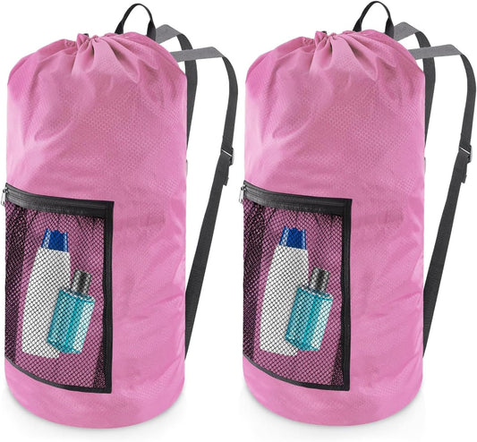 Laundry Bag Backpack,Olosar 2PCS Extra Large Travel Laundry Bag with Mesh Pocket & Adjustable Shoulder Straps,Dirty Clothes Travel Bag for College Students Dorm,Apartment(Pink)