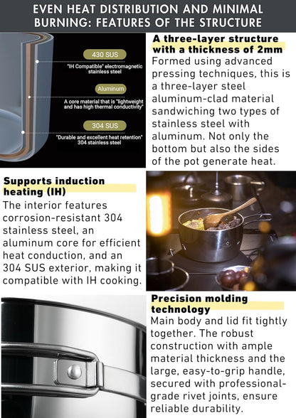 CAMPINGMOON 2 Quart Camping Saucepan 3-ply Stainless Steel Cooking Pot w/Lid Foldable Handle Compact Storage Portable IH Compatible CC-18