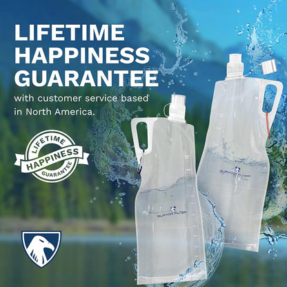 Survivor Filter Clear Collapsible Water Bottles - Travel, Hiking, Foldable, BPA-Free - 2 x
