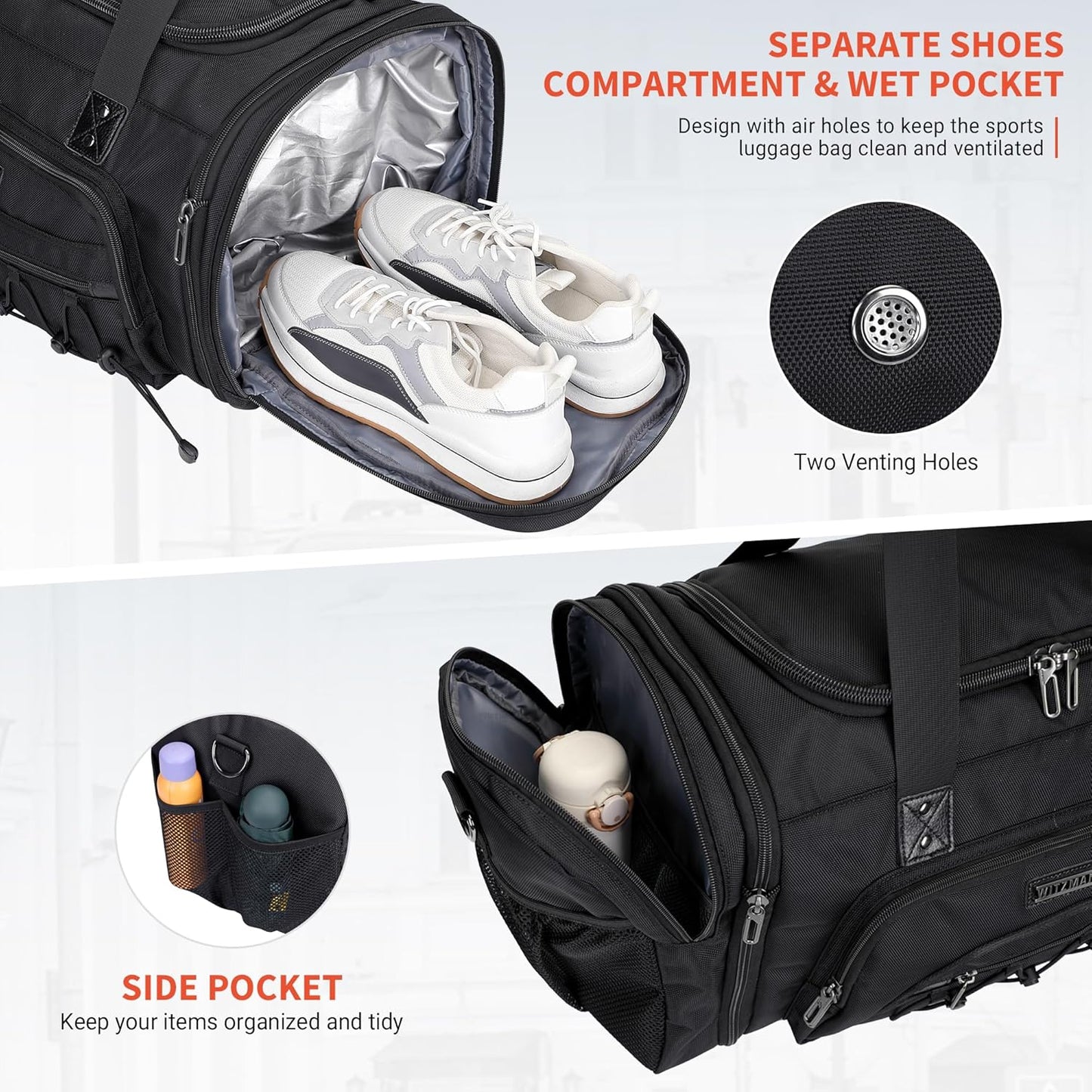 WITZMAN Duffle Bag for Men Nylon Large Gym Weekender Bag with Shoe Compartment Expandable Carry on Overnight Bag(B695 Black)