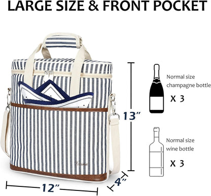 Tirrinia Insulated Wine Gift carrier - 3 Bottle Travel Padded Wine Carry Cooler Tote Bag with Handle and Adjustable Shoulder Strap, Stripe