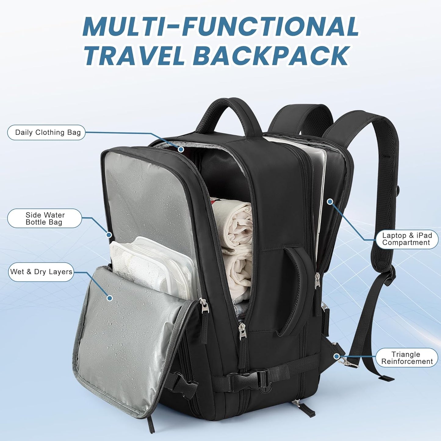 Beraliy Travel Backpack for Men Women, Large Carry On Backpack, Personal Item Bag Airline Approved, 17 inch Laptop Backpack, Business Work Gym Weekender Bag, Black