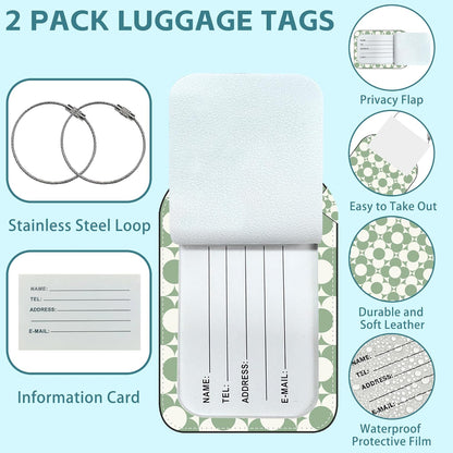 2 Pack Cute Luggage Tag for Suitcases Vintage Groovy Flowers Leather Luggage Tags with Stainless Steel Loop Privacy Flap Name Tags,Men and Women Travel Bag Suitcase Tags