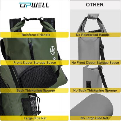 UPWELL Waterproof Dry Bag 30L Boating Backpack for Travel Hiking Camping Bags for Kayaking Hiking Waterproof Bags Swimming Floating Submersible Dry Bag Green