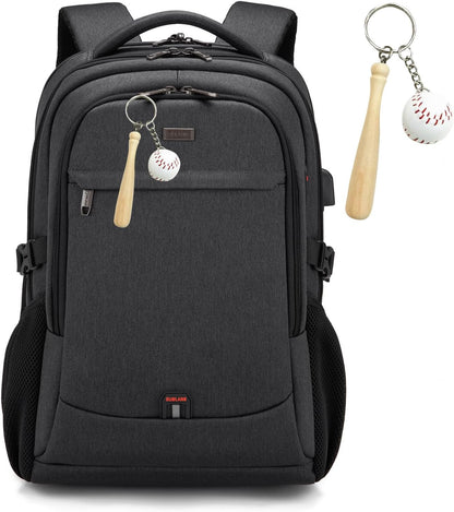 DUSLANG 17 Inch Laptop Backpack for Travel Water Resistant College Backpack for Men/Women Laptop Bag with USB Charging Port and Baseball Keychain for backpack, Black