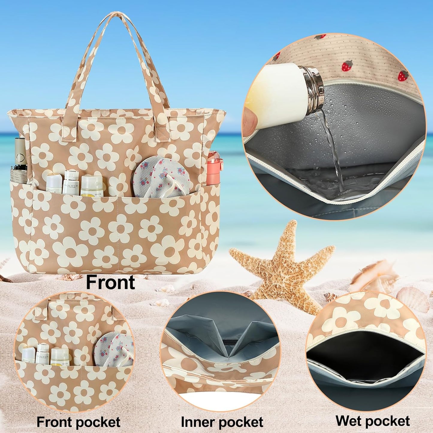 Waterproof Beach Tote Pool Bags for Women Ladies Extra Large Gym Tote Carry On Bag With Wet Compartment for Weekender Travel