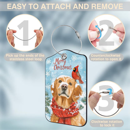 Set of 2 Christmas Dog and Red Cardinal Luggage Tags for Suitcases Leather Suitcase Tags Identifiers with Privacy Name Address Label and Stainless Steel Loop for Women Men Travel Luggage Accessories