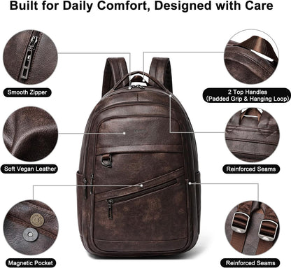 43L Backpack for Women Men - Vegan Leather Backpack Purse Travel Carry-on Bag College Bookbag Work fits 17" Laptop, Coffee