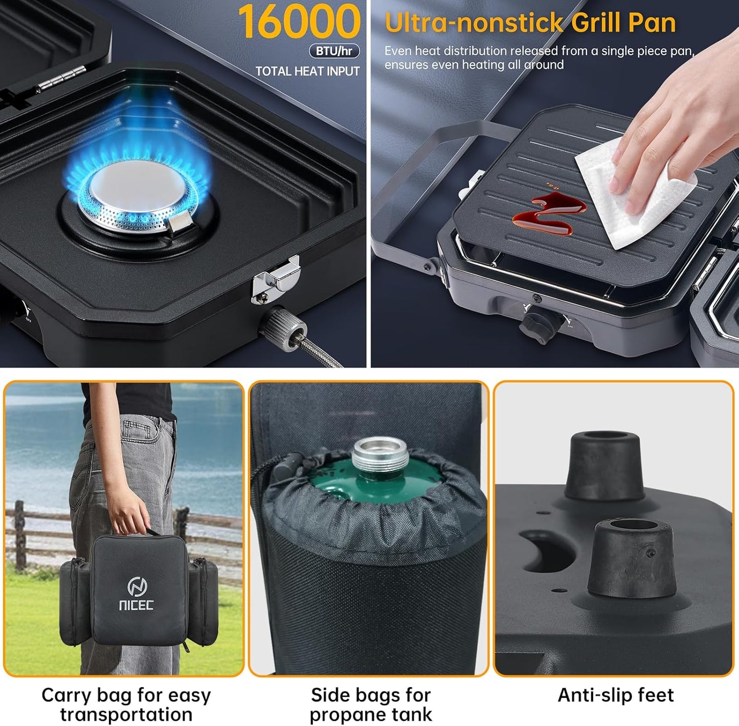 Nice C Camping Stove, Camping Stove Propane, 2 Burner Propane Camping Stove with Grill, Camp Stove, Portable Stove, 16,000 BTU Camp Stove with 2 Burner, Grill & Carry Bag for Camping