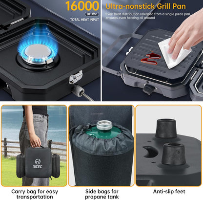 Nice C Camping Stove, Camping Stove Propane, 2 Burner Propane Camping Stove with Grill, Camp Stove, Portable Stove, 16,000 BTU Camp Stove with 2 Burner, Grill & Carry Bag for Camping