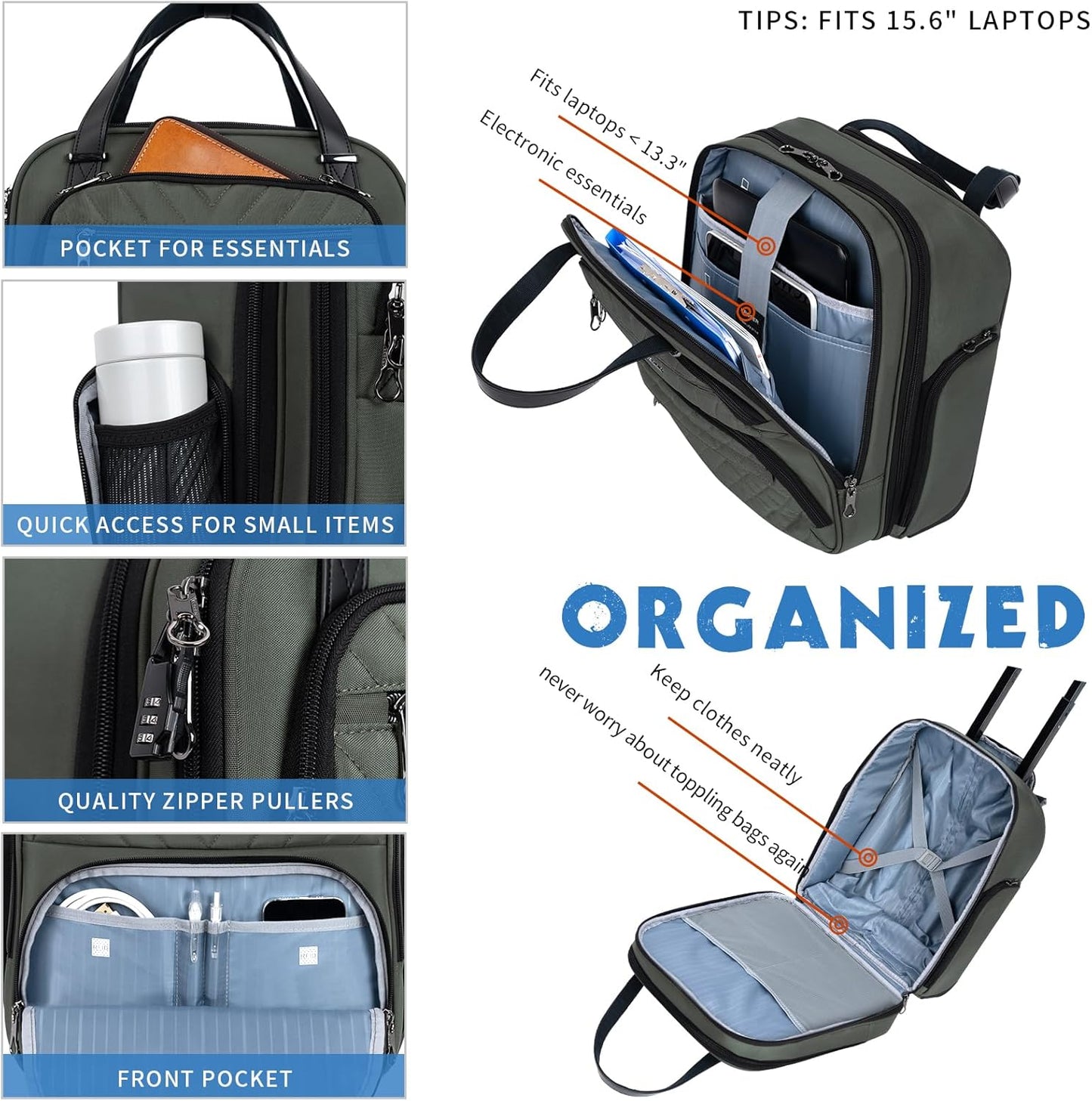 KROSER Carry On Underseat Multi-functional, 16-inch Underseater Lightweight Overnight Suitcase for Women, Army Green